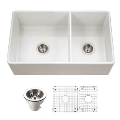 Houzer Platus 33 inch White Fireclay Apron Front Farmhouse 60/40 Double Bowl Kitchen Sink - PTD-6040 WH-C with Basket Strainer and Basin Grids Included