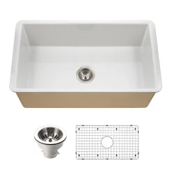 Houzer Platus 32 inch White Fireclay Undermount Single Bowl Kitchen Sink - PTU-3600 WH-C with Basket Strainer and Basin Grid Included