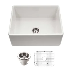 Houzer Platus 26 inch White Fireclay Apron Front Farmhouse Single Bowl Kitchen Sink - PTS-2600 WH-C with Basket Strainer and Basin Grid Included