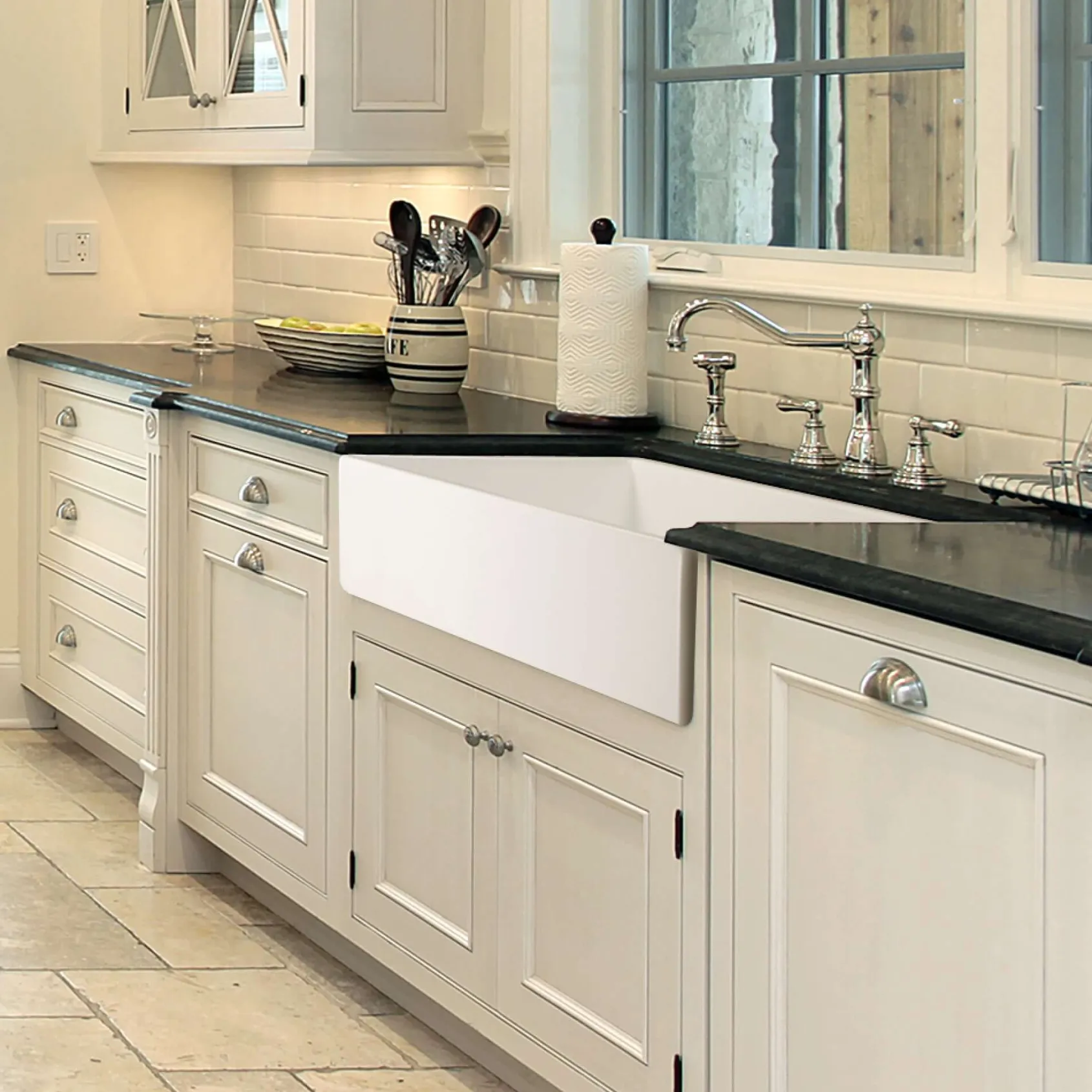 Houzer Platus 36 inch White Fireclay Apron Front Farmhouse Single Bowl Kitchen Sink with Strainer & Grid - PTG-3600 WH-C