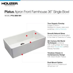 Houzer Platus 36 inch White Fireclay Apron Front Farmhouse Single Bowl Kitchen Sink with Strainer & Grid - PTG-3600 WH-C