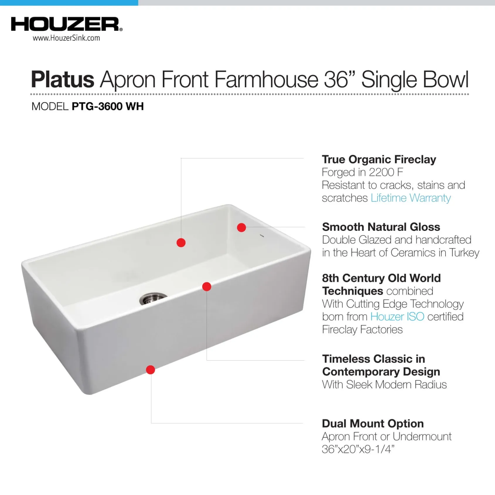 Houzer Platus 36 inch White Fireclay Apron Front Farmhouse Single Bowl Kitchen Sink with Strainer & Grid - PTG-3600 WH-C