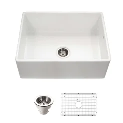 Houzer Platus 30 inch White Fireclay Apron Front Farmhouse Single Bowl Kitchen Sink with Strainer & Grid - PTS-4100 WH-C