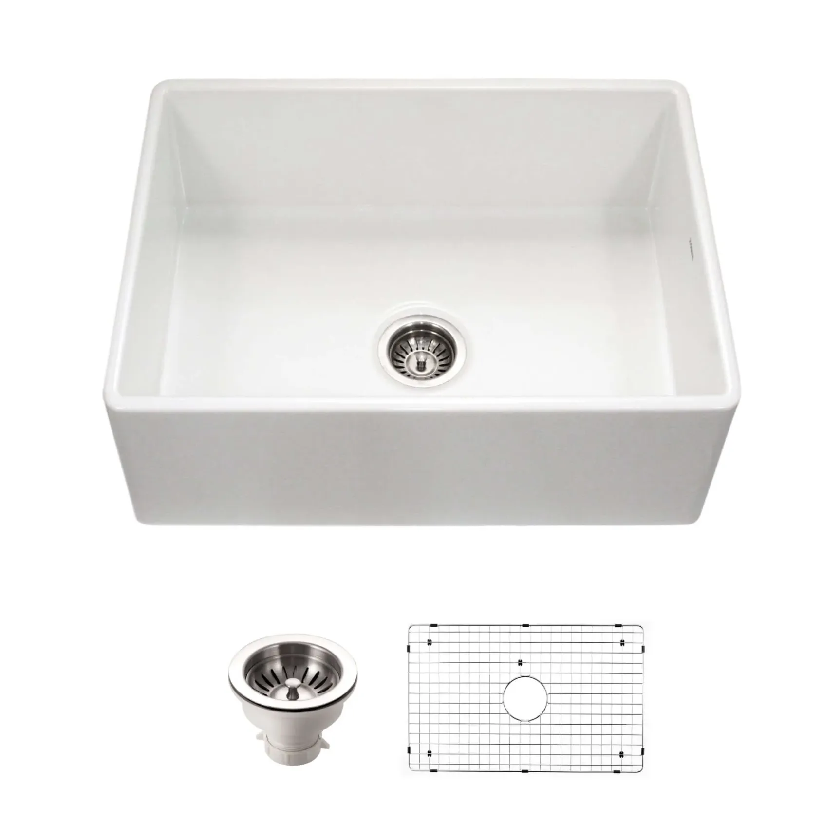 Houzer Platus 30 inch White Fireclay Apron Front Farmhouse Single Bowl Kitchen Sink with Strainer & Grid - PTS-4100 WH-C