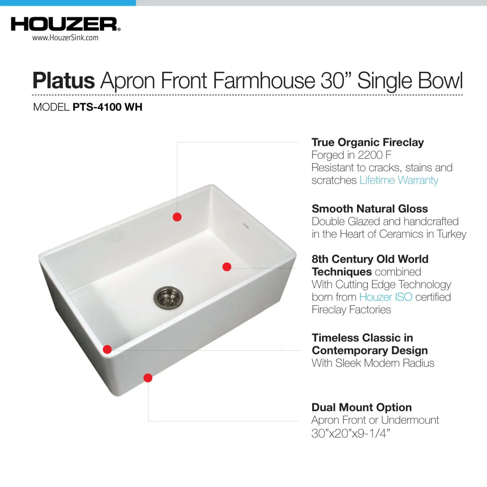 Houzer Platus 30 inch White Fireclay Apron Front Farmhouse Single Bowl Kitchen Sink with Strainer & Grid - PTS-4100 WH-C
