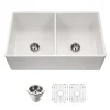 Houzer Platus 33 inch White Fireclay Apron Front Farmhouse 50/50 Double Bowl Kitchen Sink with Strainer & Grids - PTD-4400 WH-C