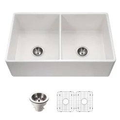 Houzer Platus 33 inch White Fireclay Apron Front Farmhouse 50/50 Double Bowl Kitchen Sink with Strainer & Grids - PTD-4400 WH-C