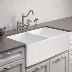 Houzer Platus 33 inch White Fireclay Apron Front Farmhouse 50/50 Double Bowl Kitchen Sink with Strainer & Grids - PTD-4400 WH-C
