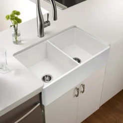 Houzer Platus 33 inch White Fireclay Apron Front Farmhouse 50/50 Double Bowl Kitchen Sink with Strainer & Grids - PTD-4400 WH-C