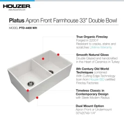 Houzer Platus 33 inch White Fireclay Apron Front Farmhouse 50/50 Double Bowl Kitchen Sink with Strainer & Grids - PTD-4400 WH-C