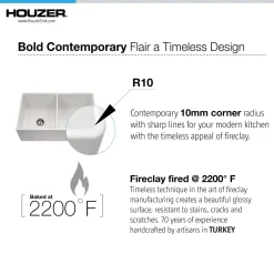 Houzer Platus 33 inch White Fireclay Apron Front Farmhouse 50/50 Double Bowl Kitchen Sink with Strainer & Grids - PTD-4400 WH-C