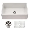 Houzer Platus 30 inch White Fireclay Apron Front Farmhouse Single Bowl Kitchen Sink - PTS-4118 WH-C with Basket Strainer and Basin Grid Included