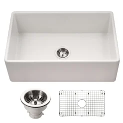 Houzer Platus 30 inch White Fireclay Apron Front Farmhouse Single Bowl Kitchen Sink - PTS-4118 WH-C with Basket Strainer and Basin Grid Included