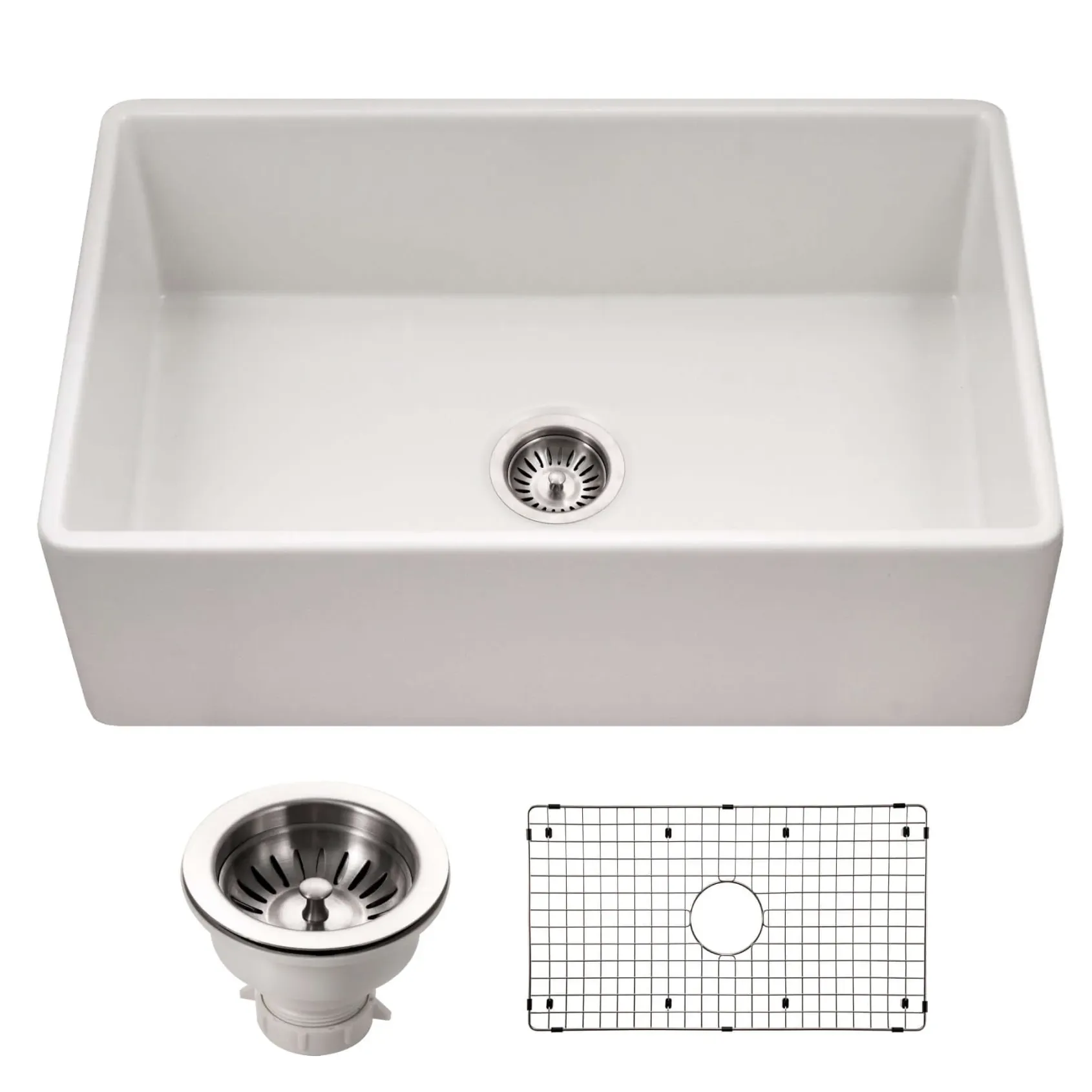 Houzer Platus 30 inch White Fireclay Apron Front Farmhouse Single Bowl Kitchen Sink - PTS-4118 WH-C with Basket Strainer and Basin Grid Included