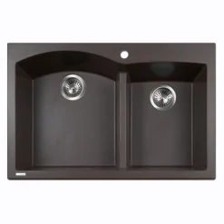 Houzer Quartztone 33" Drop In/Topmount Granite Kitchen Sink, 60/40 Double Bowl, Mocha, P-175 Mocha