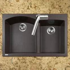 Houzer Quartztone 33" Drop In/Topmount Granite Kitchen Sink, 60/40 Double Bowl, Mocha, P-175 Mocha