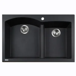 Houzer Quartztone 33" Drop In/Topmount Granite Kitchen Sink, 60/40 Double Bowl, Midnite, P-175 Midnite