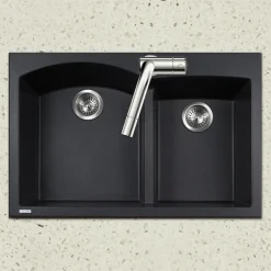 Houzer Quartztone 33" Drop In/Topmount Granite Kitchen Sink, 60/40 Double Bowl, Midnite, P-175 Midnite