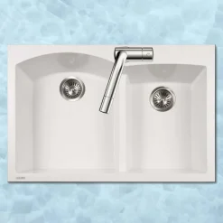 Houzer Quartztone 33" Drop In/Topmount Granite Kitchen Sink, 60/40 Double Bowl, Cloud, P-175 Cloud
