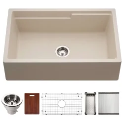 Houzer Quartztone 33 inch Sand Apron Front Farmhouse Granite Composite Workstation Kitchen Sink with Accessories - W-133 SAND-C
