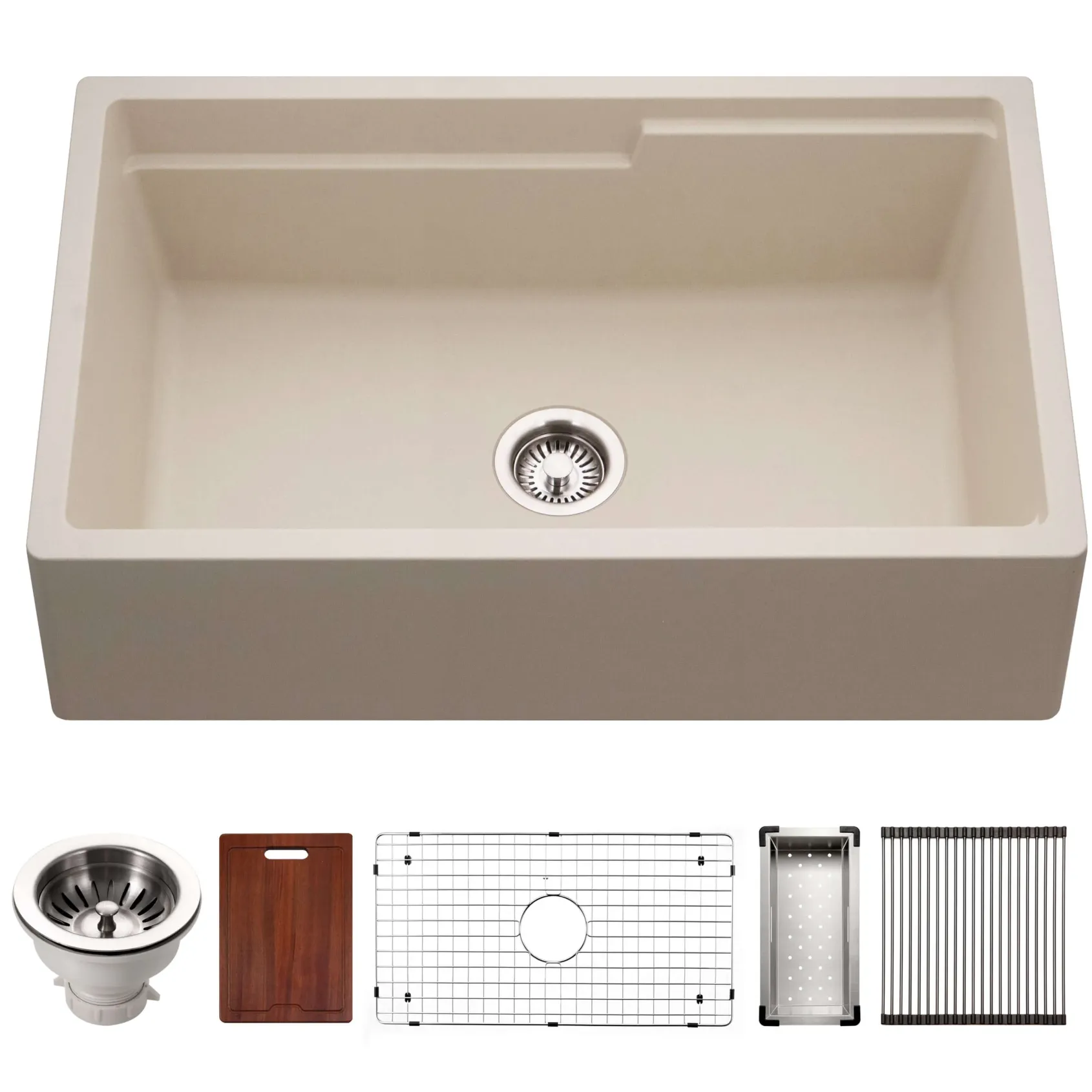 Houzer Quartztone 33 inch Sand Apron Front Farmhouse Granite Composite Workstation Kitchen Sink with Accessories - W-133 SAND-C