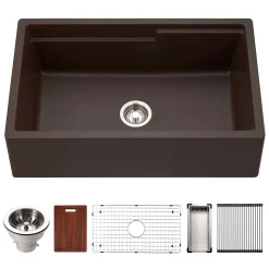 Houzer Quartztone 33" Mocha Apron Front Farmhouse Granite Composite Workstation Kitchen Sink with Accessories - W-133 MOCHA-C