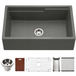 Houzer Quartztone 33" Slate Apron Front Farmhouse Granite Composite Workstation Kitchen Sink with Accessories - W-133 SLATE-C