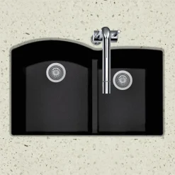 Houzer Quartztone 33" Undermount Granite Kitchen Sink, 60/40 Double Bowl, Midnite, P-175U Midnite