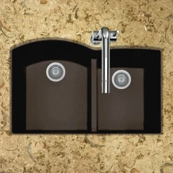 Houzer Quartztone 33" Undermount Granite Kitchen Sink, 60/40 Double Bowl, Mocha, P-175U Mocha