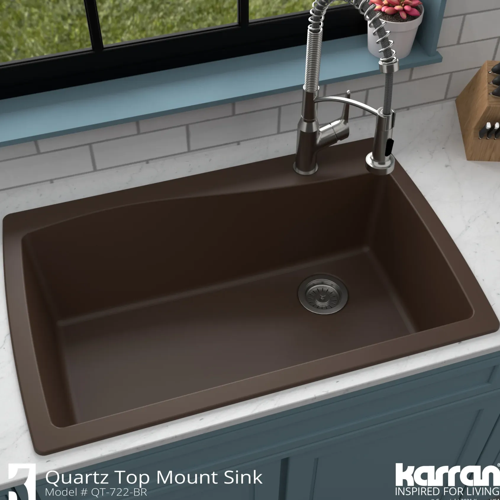 Karran 34" Drop In/Topmount Quartz Composite Kitchen Sink with Accessories, Brown, QT-722-BR-PK1