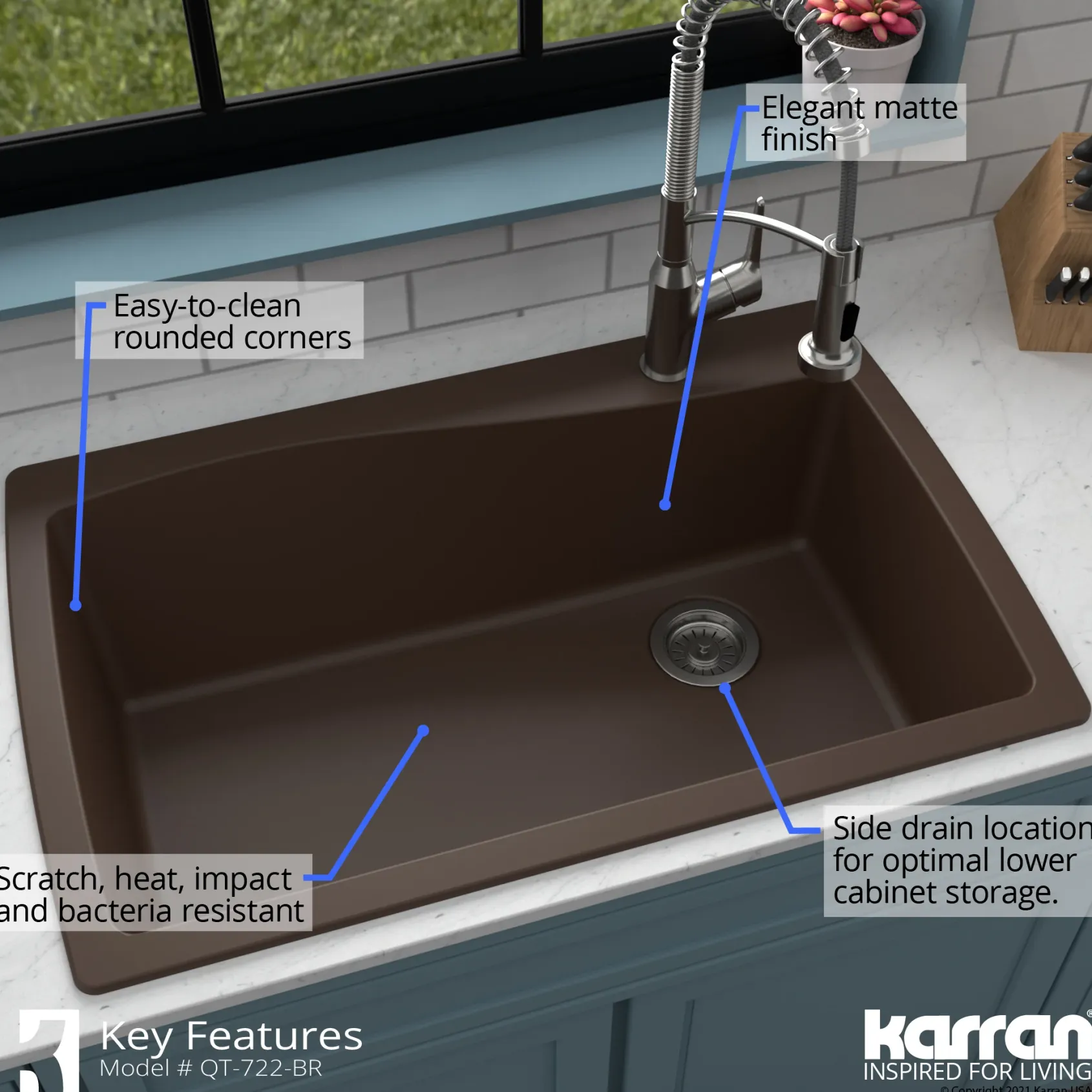 Karran 34" Drop In/Topmount Quartz Composite Kitchen Sink with Accessories, Brown, QT-722-BR-PK1