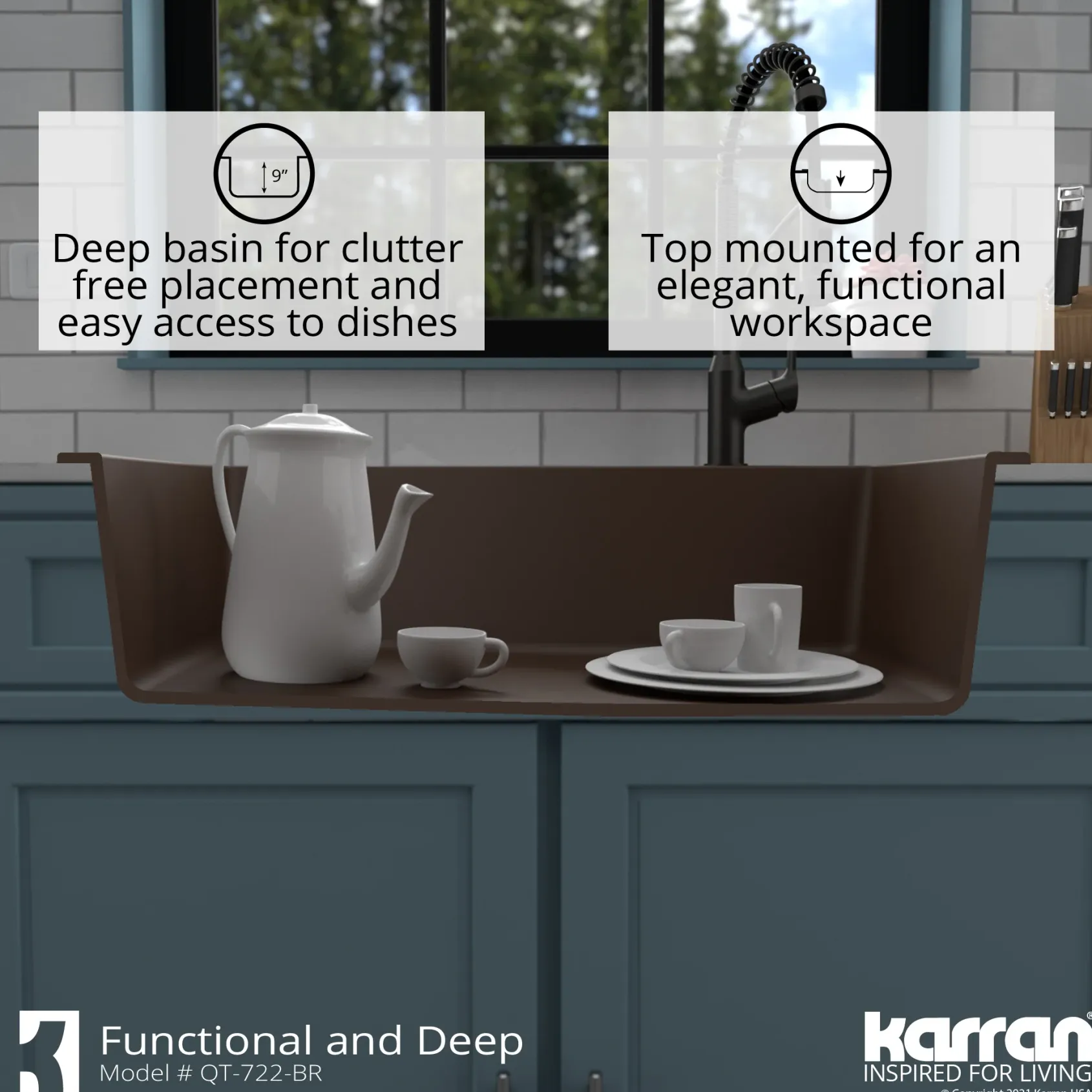 Karran 34" Drop In/Topmount Quartz Composite Kitchen Sink with Accessories, Brown, QT-722-BR-PK1