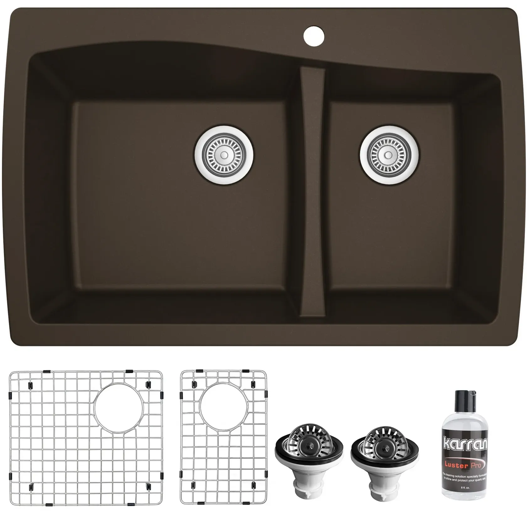 Karran 34" Drop In/Topmount Quartz Composite Kitchen Sink with Accessories, 60/40 Double Bowl, Brown, QT-721-BR-PK1