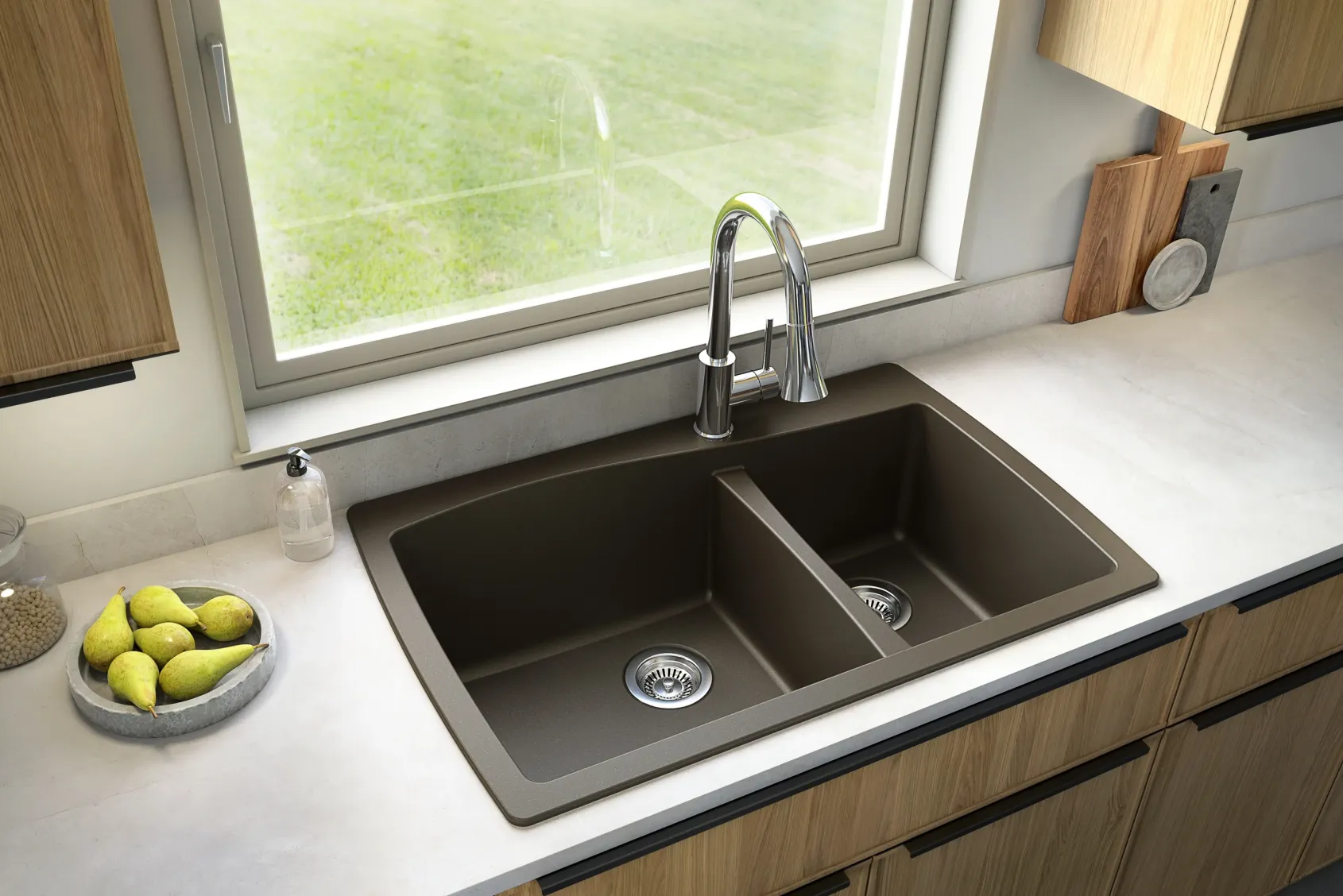 Karran 34" Drop In/Topmount Quartz Composite Kitchen Sink with Accessories, 60/40 Double Bowl, Brown, QT-721-BR-PK1