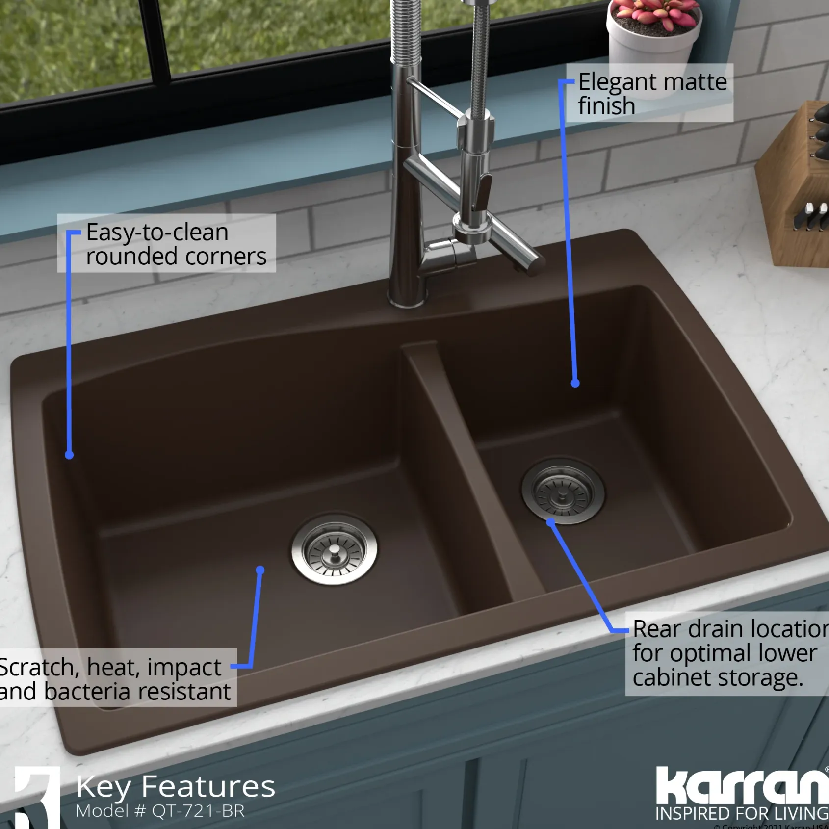 Karran 34" Drop In/Topmount Quartz Composite Kitchen Sink with Accessories, 60/40 Double Bowl, Brown, QT-721-BR-PK1