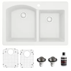 Karran 33" Drop In/Topmount Quartz Composite Kitchen Sink, 60/40 Double Bowl, White, QT-610-WH-PK1
