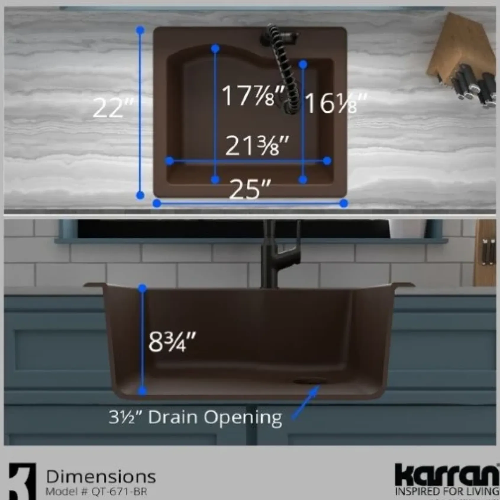 Karran 25" Drop In/Topmount Quartz Composite Kitchen Sink, Brown, QT-671-BR