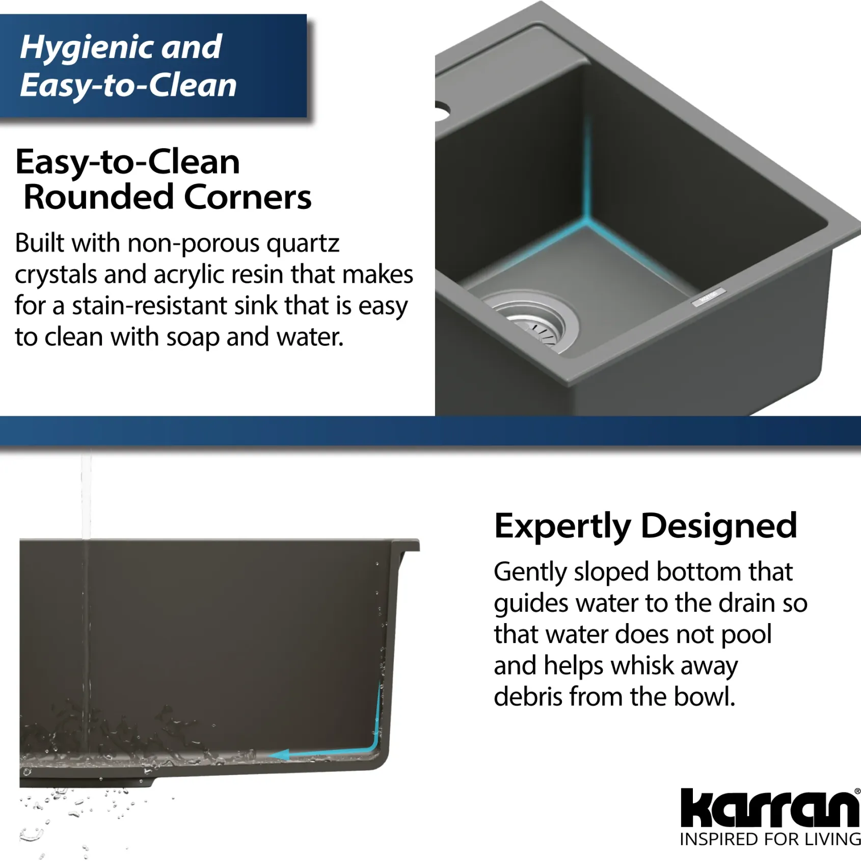Karran 16" Drop In/Topmount Quartz Composite Kitchen Sink, Grey, QT-825-GR