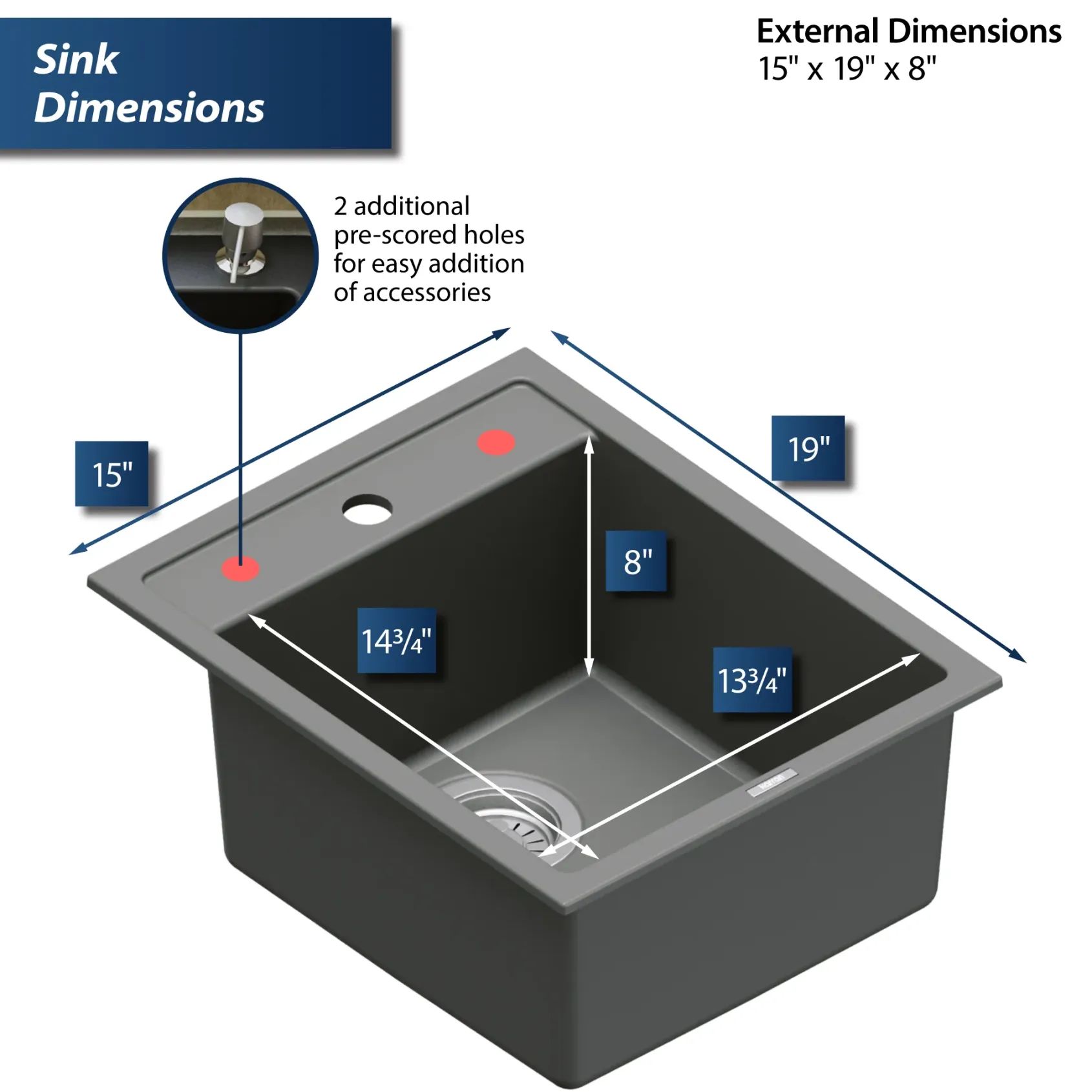 Karran 16" Drop In/Topmount Quartz Composite Kitchen Sink, Grey, QT-825-GR
