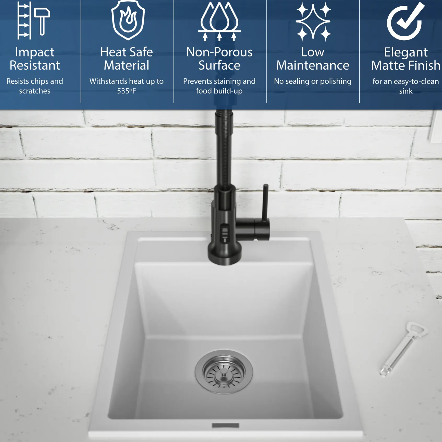 Karran 16" Drop In/Topmount Quartz Composite Kitchen Sink, White, QT-825-WH