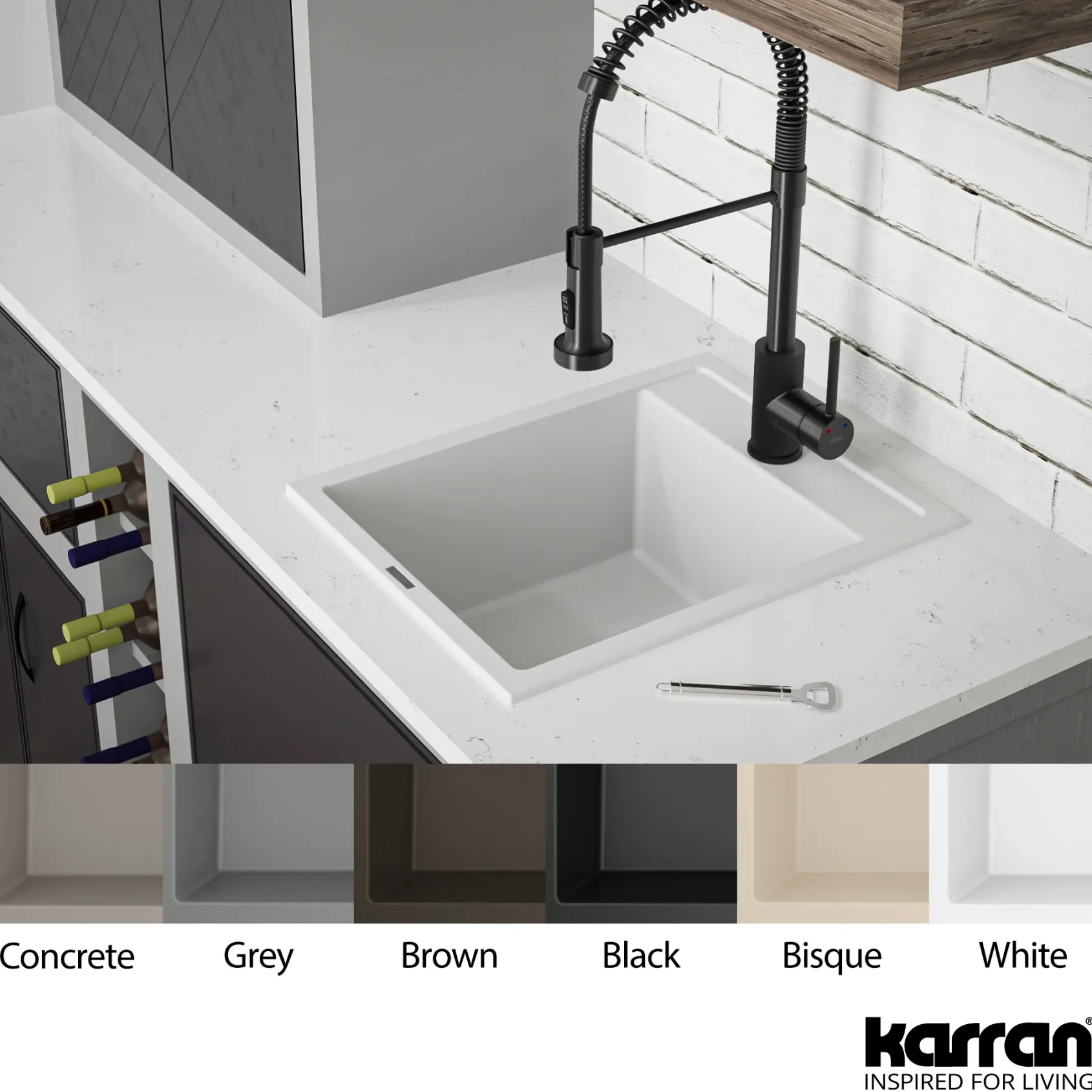 Karran 16" Drop In/Topmount Quartz Composite Kitchen Sink, White, QT-825-WH