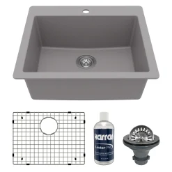 Karran 25" Drop In/Topmount Quartz Composite Kitchen Sink with Accessories, Grey, QT-820-GR-PK1