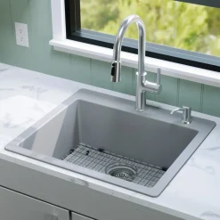 Karran 25" Drop In/Topmount Quartz Composite Kitchen Sink with Accessories, Grey, QT-820-GR-PK1