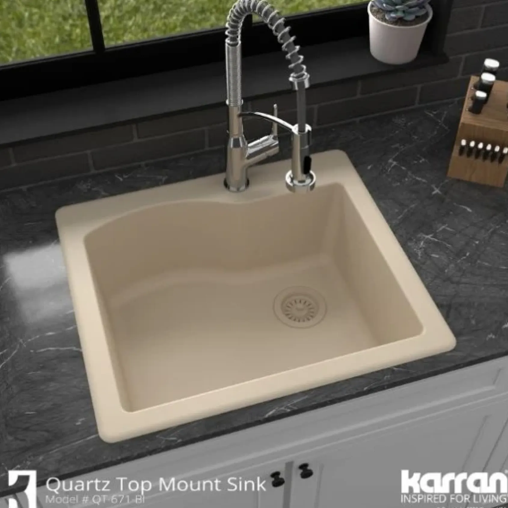 Karran 25" Drop In/Topmount Quartz Composite Kitchen Sink, Bisque, QT-671-BI