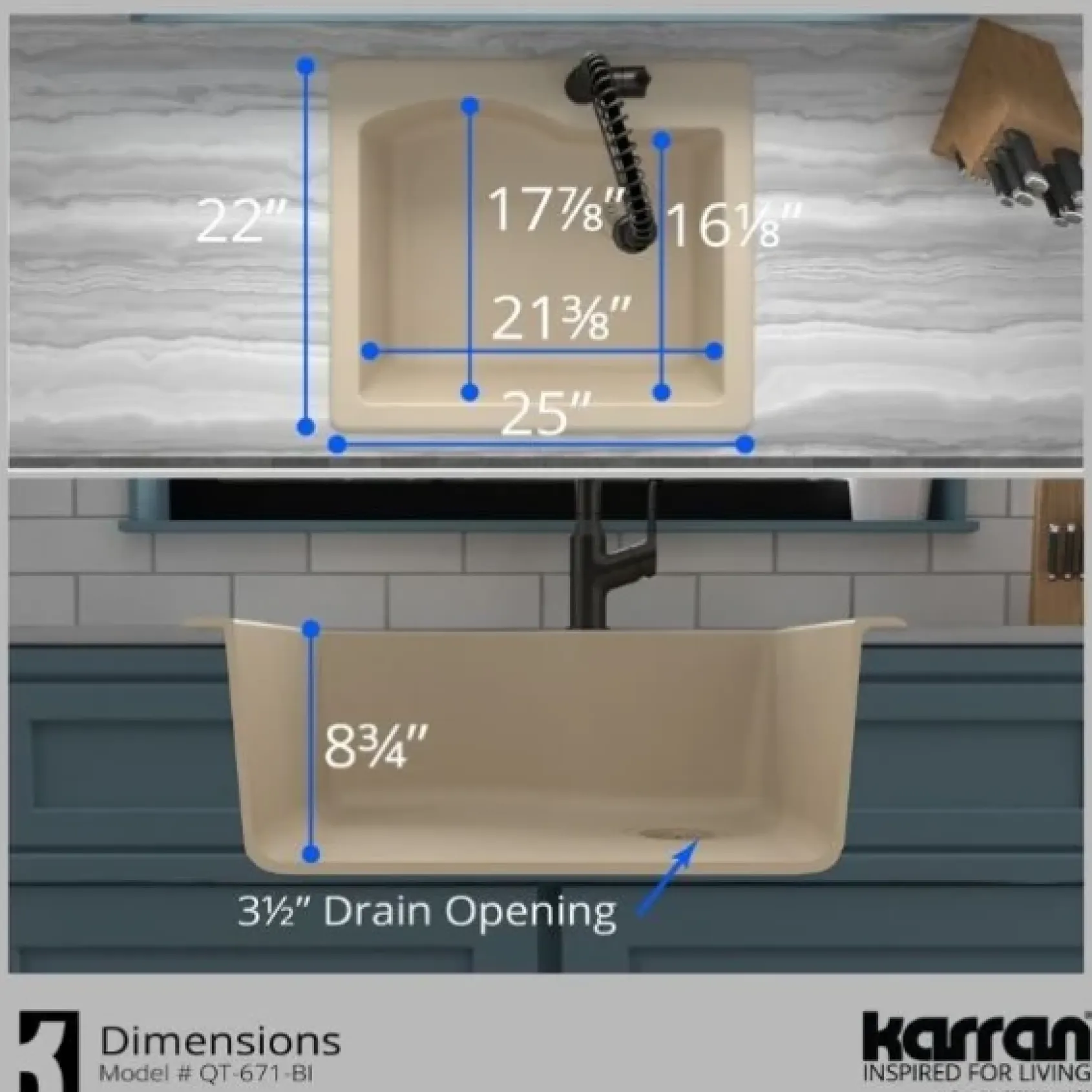 Karran 25" Drop In/Topmount Quartz Composite Kitchen Sink, Bisque, QT-671-BI