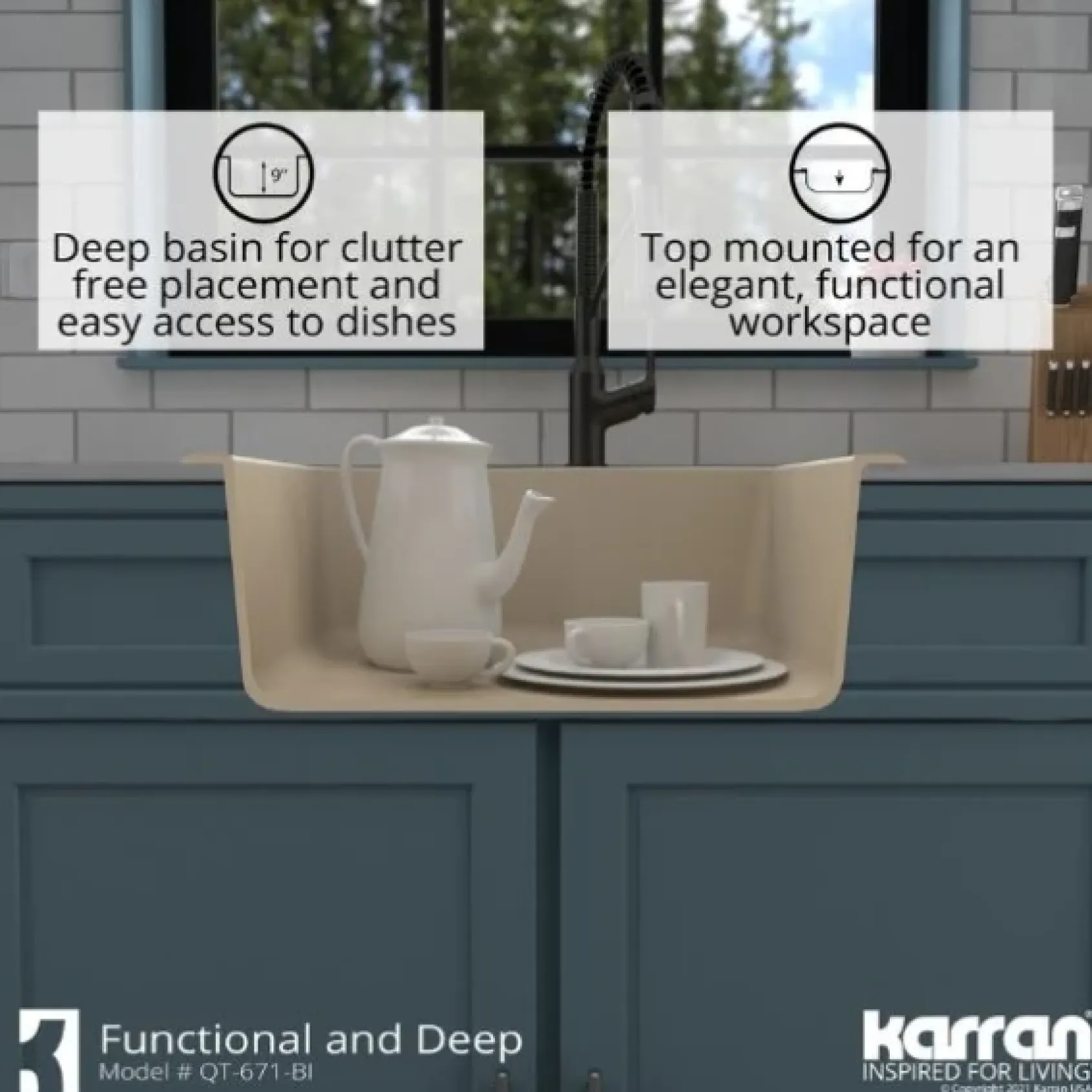 Karran 25" Drop In/Topmount Quartz Composite Kitchen Sink, Bisque, QT-671-BI