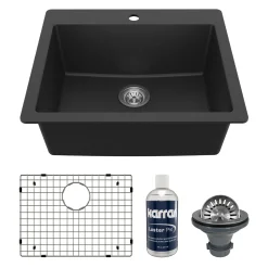 Karran 25" Drop In/Topmount Quartz Composite Kitchen Sink with Accessories, Black, QT-820-BL-PK1