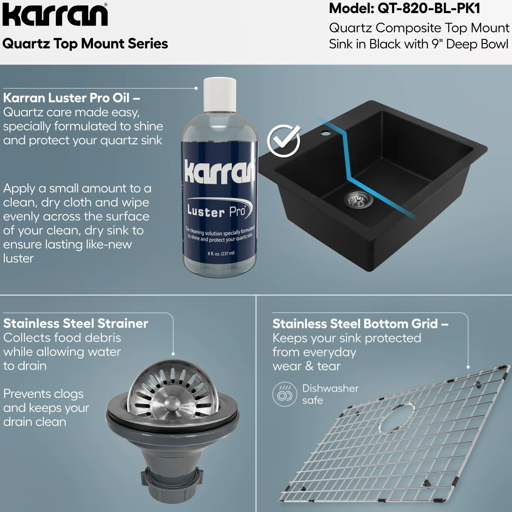 Karran 25" Drop In/Topmount Quartz Composite Kitchen Sink with Accessories, Black, QT-820-BL-PK1
