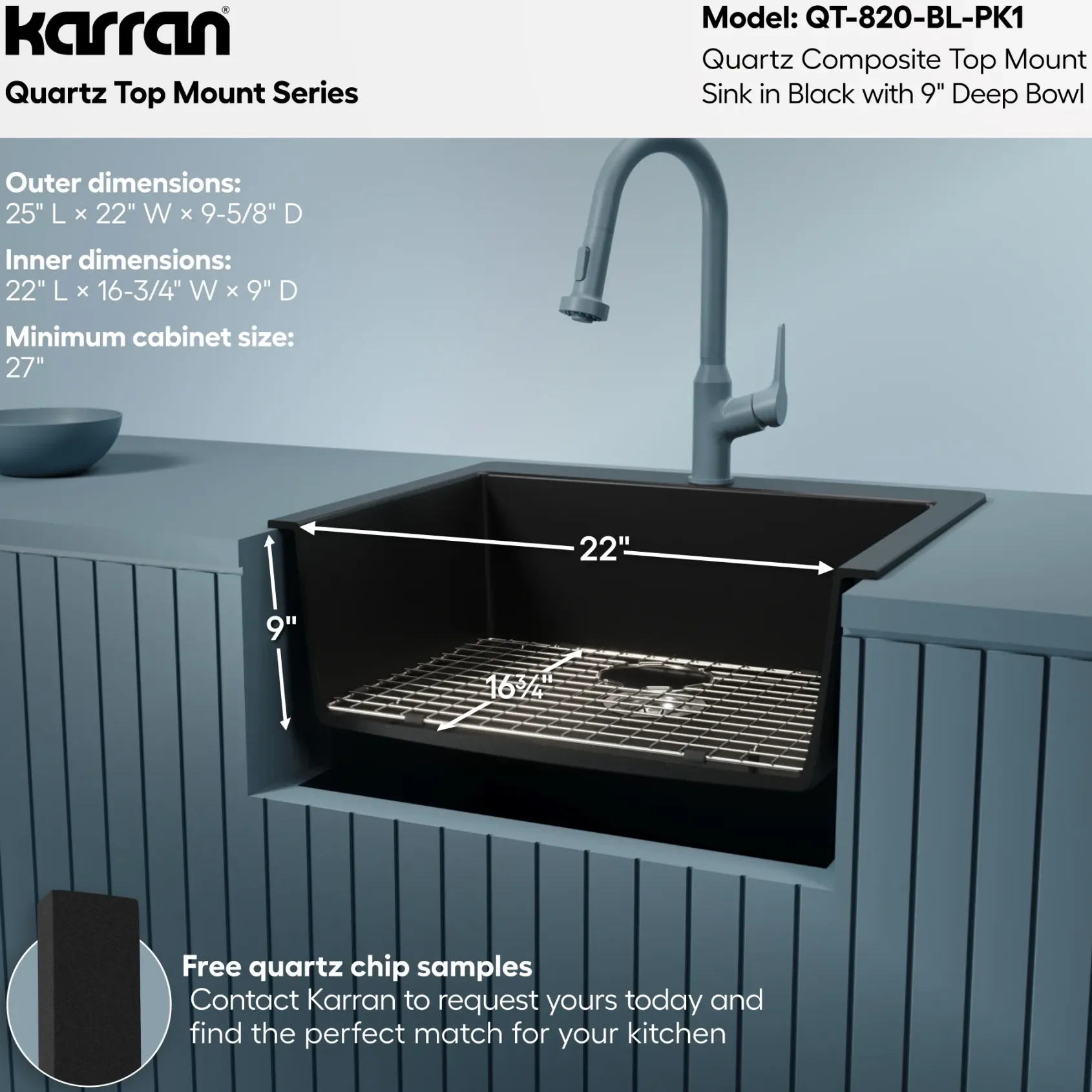 Karran 25" Drop In/Topmount Quartz Composite Kitchen Sink with Accessories, Black, QT-820-BL-PK1