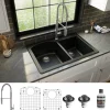 Karran 33" Drop In/Topmount Quartz Composite Kitchen Sink with Stainless Steel Faucet and Accessories, 60/40 Double Bowl, Black, QT610BL220SS